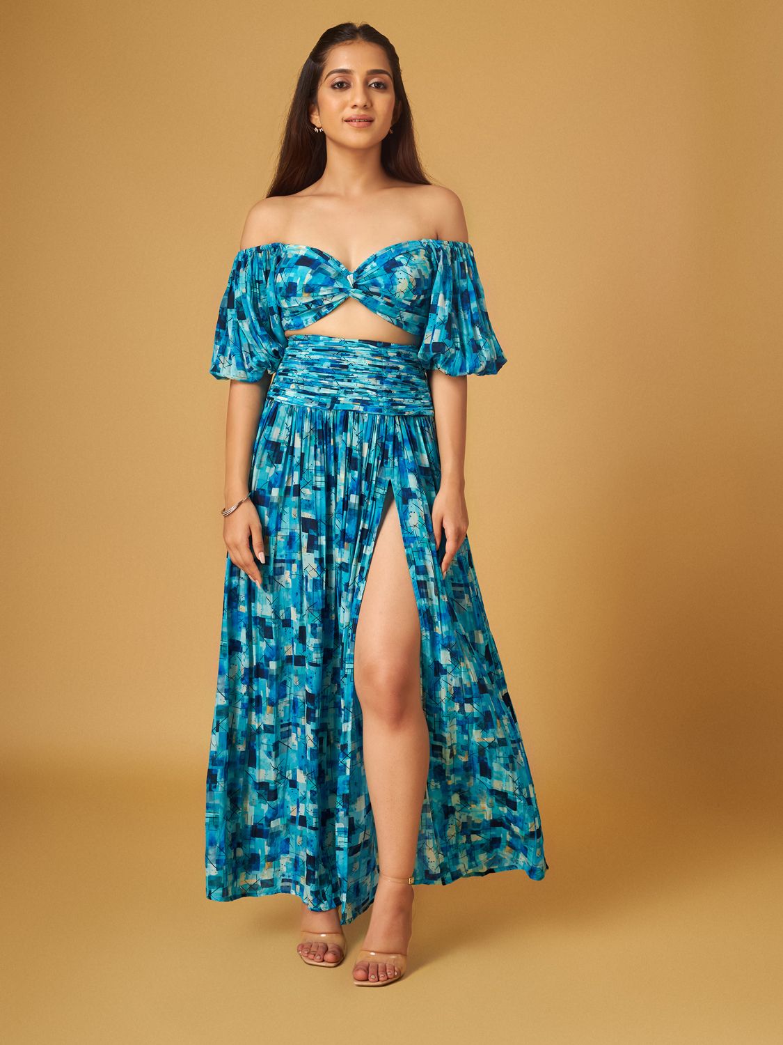 Blue Abstract Geometry Crepe Printed Skirt Set - Maisolos